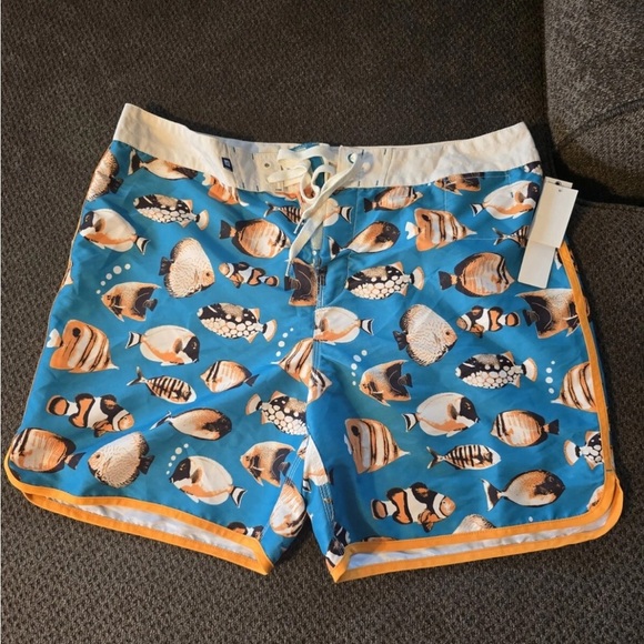 Sperry  Sider Swim Trunks Men 38 Blue Orange Fish Graphic Board Shorts New Ocean - Picture 5 of 14